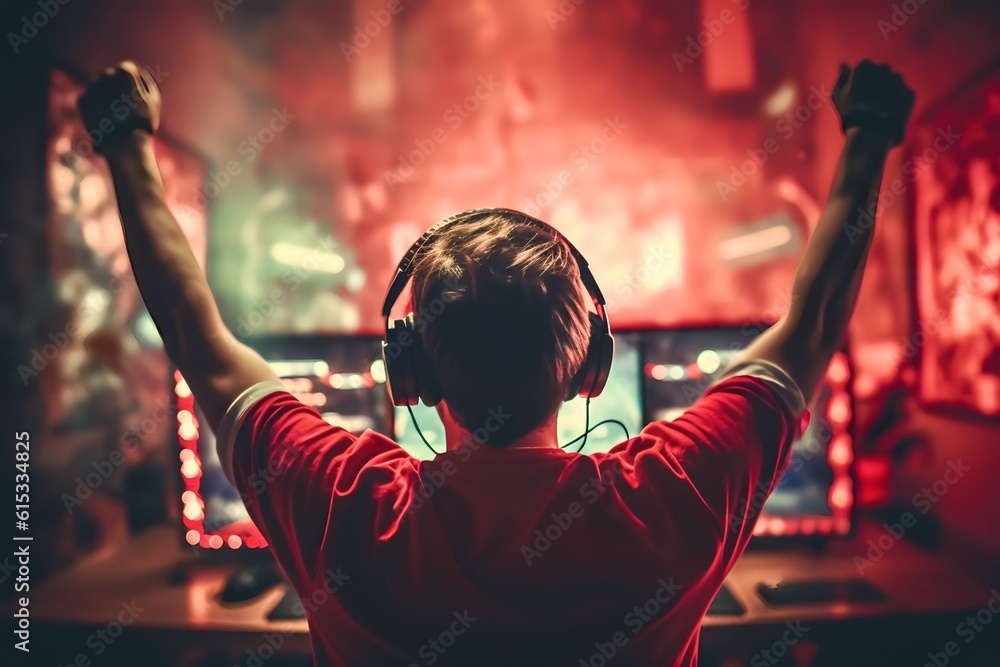 rear view Professional eSports gamer rejoicing victory and computer gaming room background